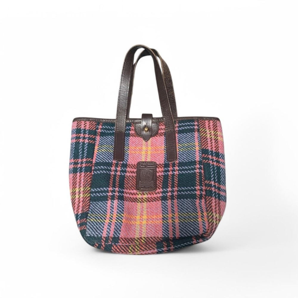 Harris Tweed Pink Blue and Brown Plaid Hand Bag Cottage Girly Y2K Leather Winter